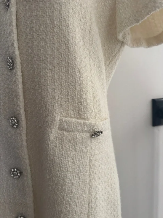 Aqua Ivory Bouclé Short-Sleeve Mini Dress with Decorative Buttons - Picture 2 of 8